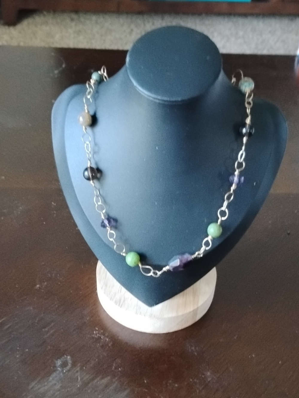 Multi-Color Beaded Chain Necklace - Green & Purple Accents
